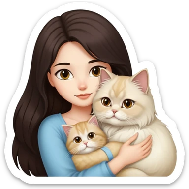 A pretty girl with long dark hair is hugging her light hair persian cat. sticker