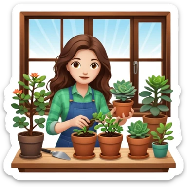 
Close-up of a woman with long, wavy brown hair planting a seedling in a pot. Surrounding her are plants and succulents with vibrant leaves and flowers. Sunlight filters through the window, casting soft shadows. A cozy interior space with gardening tools on a wooden table. sticker