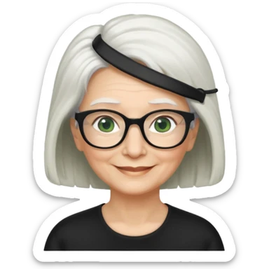 White hair grandma, green eyes, hair to shoulder, lokeg black glasses, rectangles face, smile , sticker