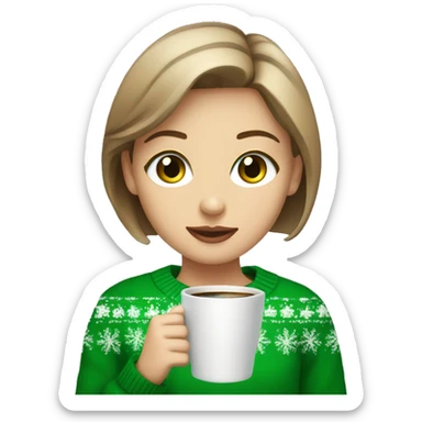 Light brown short haired girl with green eyes drinking coffee wearing Christmas sweater sticker