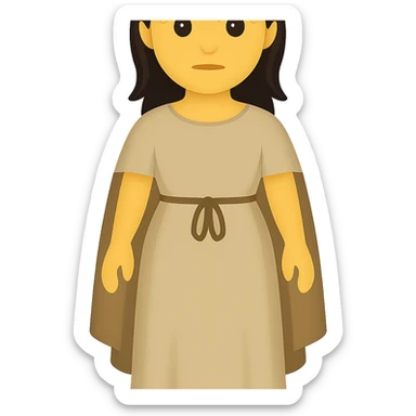 Create a fullbody view of a character in the style and proportions of the reference image. The character should wear a plain light tan dress, have dark hair, and wear a matching cape from the reference image. The style is emoji style with a transparent background. sticker