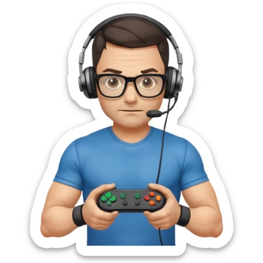 
gamer, Very fit muscular 40-year-old with youthful looks glasses, headphone, gamepad sticker