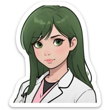 A girl with black straight hairs, black eyes, pink blush and wearing white lab coat sticker