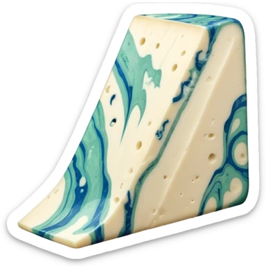 wedge of gorgonzola cheese creamy pale ivory inside with bold blue-green veins, slightly moist and rich surface, natural beige rind, smooth cut showing marbling, no plate or extras, soft lighting, emoji scale sticker
