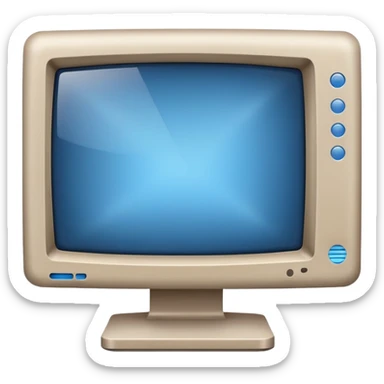 old grey beige computer monitor with a blue glowy screen sticker