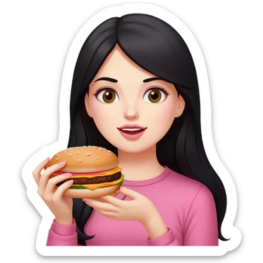 White girl in pink clothes and long black hair eating burger and pizza sticker