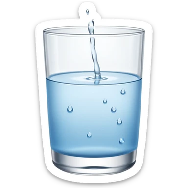 “A clear glass filled with clean drinking water, small water droplets on the outside, placed on a white table, minimal and fresh look” sticker
