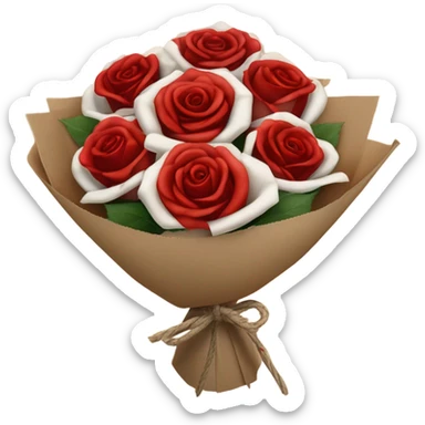 Rose bouquet wrapped in light brown paper, red and white roses. The paper must show at the back and the bow must be rope. White and res roses. Just a bit bigger sticker