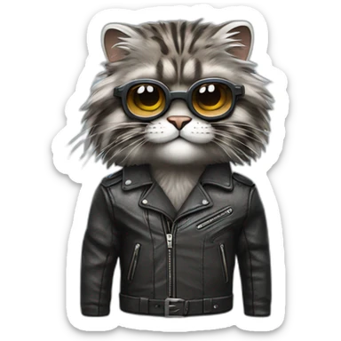 very cool manul pallas cat wearing glasses and a leather jacked in a motorcycle sticker