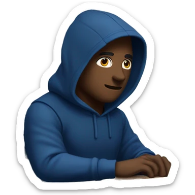 A man in a dark blue hoodie with a capelet on his head, his face not visible in the shadows, is sitting at a computer. sticker