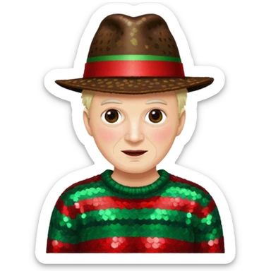 Freddy Krueger with red and green stripe sequin sweater, dark brown sequin hat sticker