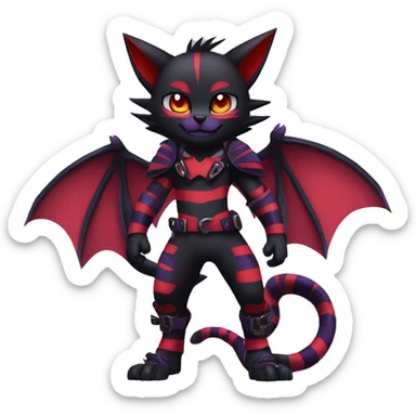 Black-Red-Purple Anthro Cool Punk Bat-Litten-Fakemon-fursona with fangs and stripes Full Body sticker