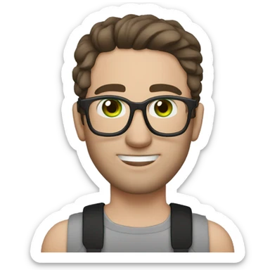 white man, green eyes, dark brown hair with a slight gray streak, narrow glasses, tattoo on his hand sticker