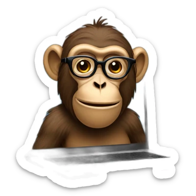 monkey with glasses and beard behind a laptop sticker