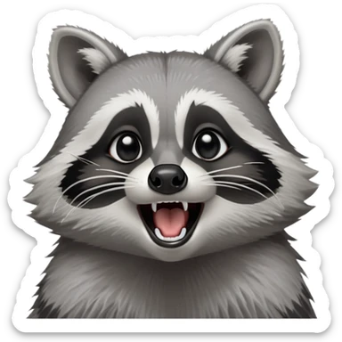 Cinematic-cute realistic- Yawning Raccoon-Portrait-Emoji – Poised and confident, wide-open yawn, revealing a soft grey with a sturdy build and a beautifully textured fur of silver-grey accented by dark black facial markings, deep-set, big black eyes, simplified yet sharp and sophisticated zoom out to show shoulders sticker