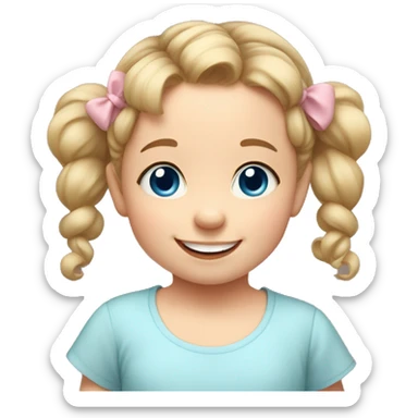 A toddler girl with 2 tiny pig tails on top of her hair with tiny bows, fair skin, blue eyes, light brown hair, smiling, wearing a pastel shirt sticker