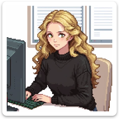 pretty brown-eyed blonde young woman with wavy hair, wearing a black sweater, working on a computer in a cozy office sticker
