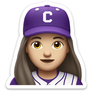baseball card character. Brunette long straight hair. letter C logo. Purple and white uniform. sticker