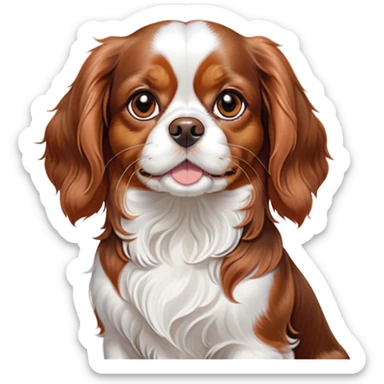 Cinematic Cute Blenheim Cavalier King Charles Spaniel Portrait Emoji, Head tilted playfully and inquisitively, silky Blenheim coat with warm chestnut and crisp white patches, round, sparkling brown eyes filled with curiosity, Simplified yet irresistibly adorable features, highly detailed, glowing with a warm, friendly glow, high shine, affectionate and lively, stylized with a touch of whimsy, bright and endearing, soft glowing outline, capturing the essence of a mischievous yet loving pup, so playful it feels like it could pounce out of the screen and into your arms! sticker