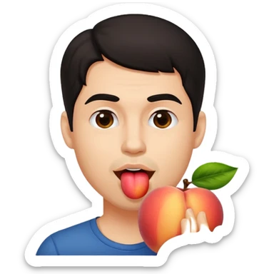 Dark haired Man with red beard licking peach sticker