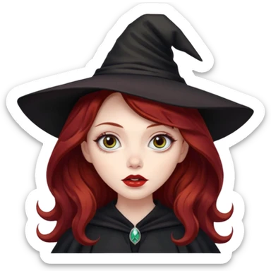 long and wavy dark red haired girl, with thick lips, big eyes and she looks like a witch sticker