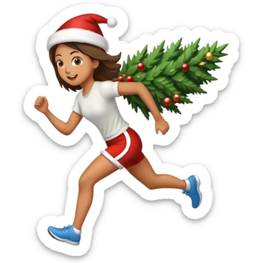 girl running while carrying christmas tree sticker