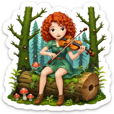forest sticker character, curly red-haired woman playing violin on mossy log, mushrooms and fireflies around sticker