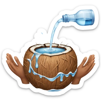 An uncut coconut with water being poured over it with hands cupping water sticker