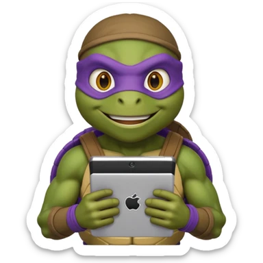 Donatello from Teenage Mutant Ninja Turtles, emoji style, holding a tablet with a hacking screen and smiling sticker