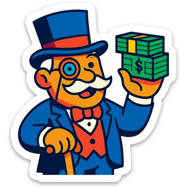 old white man with a top hat, monocle in left eye, holding stacks of money in right hand and a wooden cane in left hand, vibrant colorful style sticker
