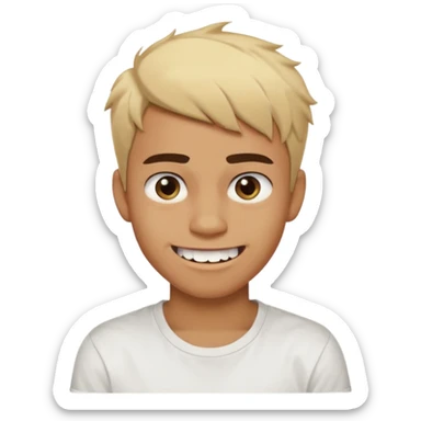 Short buzz, messy blonde hair. Dark brown bushy eyebrows large expressive golden-brown eyes, wearing a plain white t-shirt. Crooked grin showing imperfect teeth, one side raised higher than the other, grin with asymmetrical smile. Male Teenager. Brown skin color.  sticker
