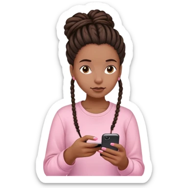 Dark brown woman with dreadlocks in bun Light pink shirt texting on pink sticker