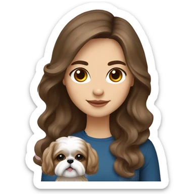 Young brunette hair woman with a cream shih tzu in her arms long wavy hair sticker