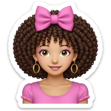 Naturally tan skin girl short darkBrown curly afropink shirt very long lashes hoop gold earrings Brown eyes gyaru smiling closed mouth cute non perfect circular afro. Pink bow hairclip sticker