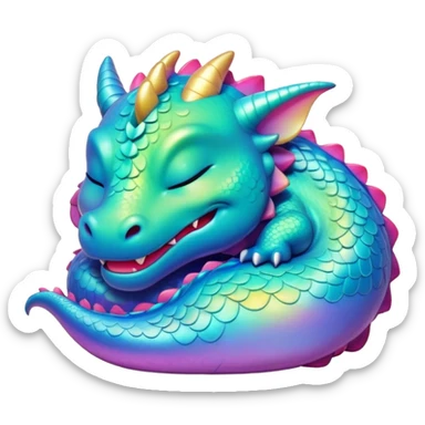 Meme-Worthy Cute Sleeping Dragon Portrait Emoji, Head resting peacefully with a contented smile, showcasing a sinuous, graceful build and a luxuriously soft, iridescent scaled body, eyes gently closed in serene, magical slumber, Simplified yet hilariously adorable features, highly detailed, glowing with a soft, drowsy mystical light, high shine, relaxed and utterly lovable, stylized with an air of playful fantasy, soft glowing outline, capturing the essence of a sleeping dragon that feels destined to become the next viral sensation of enchanted rest! sticker