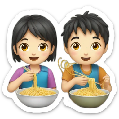 boy and girl eating noodles chinese sticker