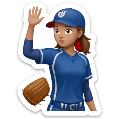 Softball pitcher pitching the ball from side view with brown hair and dark blue jersey and no hat and a face guard sticker