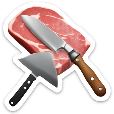 Cuchillo cortando una pieza de carne cruda de cerdo o ternera encima de una tabla de cortar roja, el cuchillo debe ser rojo o negro sticker