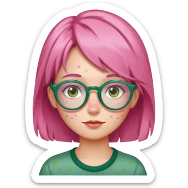 a girl with pink glasses, brownish green hair and freckles sticker