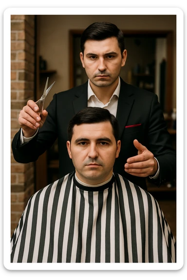 manashu akani yuzlaridan foydalanib sartarosh chizib bergin u soch olishga tayyor turganini chizib ber old rakursda bulsin mijoz tugriga qarab utirganini va sartarosh uni orqasida turib bitta ulida qaychi, ikkta quli bilan tayyorgarlik kurib turganini chizib ber xuddi 1,2,3 boshladik degandey birdaniga ishga kirishib ketadigan dek tayyor bulib tursin sticker