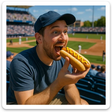 man eating a hot dog at a baseball game sticker