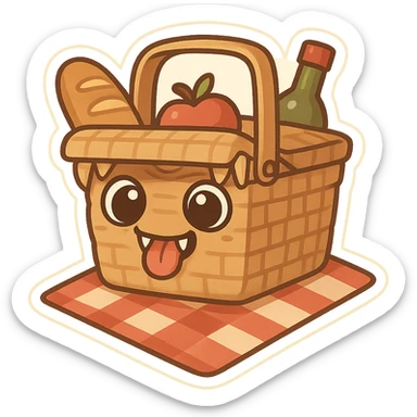 a stylized chibi picnic basket mimic with big round eyes, a smiling mouth with tiny fangs, and a tongue sticking out, friendly and cute sticker
