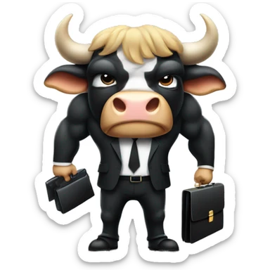 big muscular bull wearing black suit and holding a briefcase full of money with angry face sticker