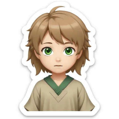 Young Rudeus Greyrat chibi, big green eyes, round face, messy light brown hair, wearing a tunic, cute and curious anime style sticker