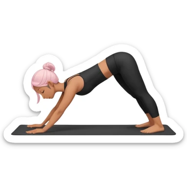 	A woman doing downward dog pose on a yoga mat, black outfit, serene background with soft pastel colors and stars. sticker