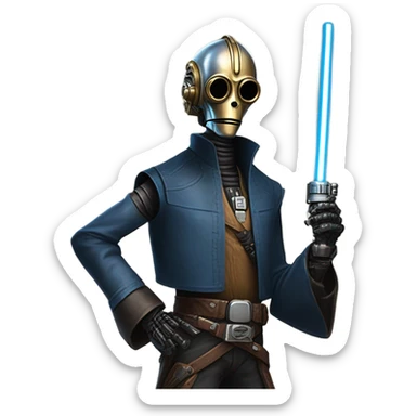 jedi first order human-sized darkblue-pearl friendly bounty hunter c3po droid wearing a leather wild west duster coat holding light saber ready to fight but relaxed. antique sticker