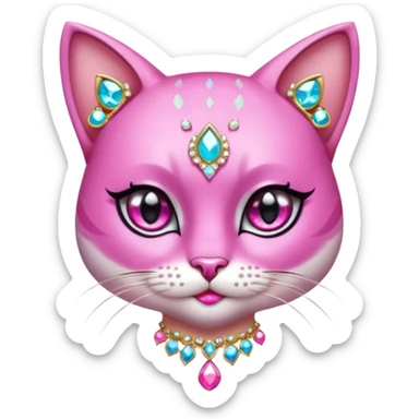glamorous cat portrait, head and shoulders only, exaggerated pink makeup, bright eyeshadow, long eyelashes, shiny blush cheeks, sparkling face gems, glitter accents, elegant earrings, fantasy beauty style, cute 3D cartoon, mobile game icon style, clean background, no text, no watermark
 sticker