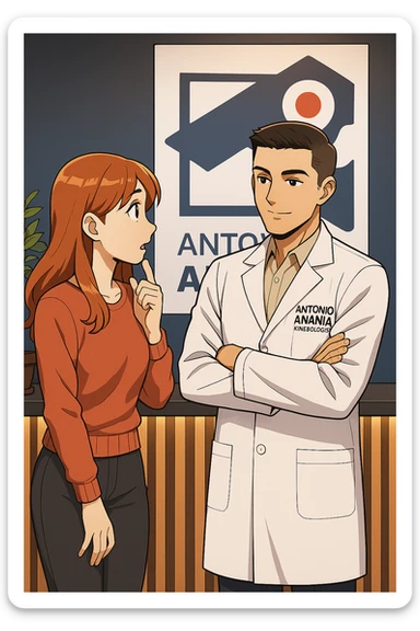 su questo stile fai un manga/webtoon a colori in cui una donna SI TOCCA IL MENTO MENTRE FA UNA DOMANDA ALL'UOMO, l'uomo della foto in stile manga LE SPIEGA CHE DEVE PROVARE LA SUA VALUTAZIONE MEDICA, mantieni un ambiente simile alla foto che ho allegato con il suo logo (sarebbe il suo studio, lui è un kinesiologo), scrivigli "ANTONIO ANANIA" sul camice bianco, non mettere fumetti, ma fai in modo che sembri che la donna CHIEDA E  l'uomo RISPONDA sticker