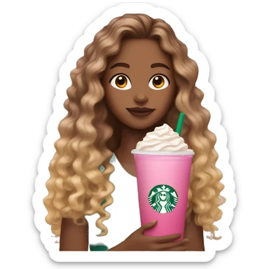 girl with brown and blonde ombré long curly hair holding Pink starbucks refresher sticker