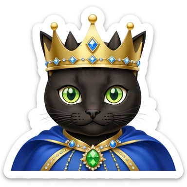 black cat with brilliant neon green eyes wearing a royal blue cape trimmed in gold and a crown with jewels sticker